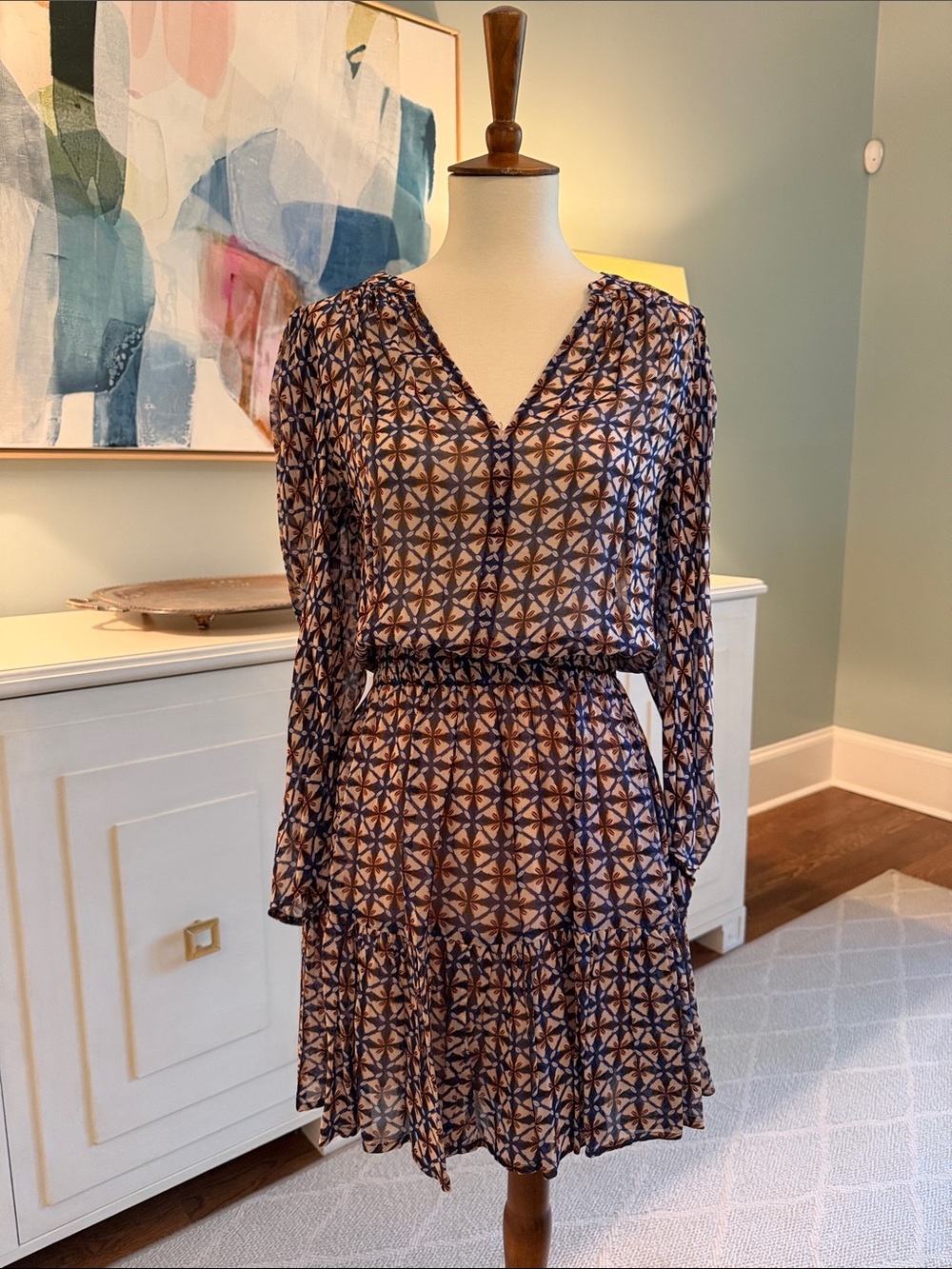 Printed Long-Sleeve V-Neck Tiered Dress in Navy & Beige